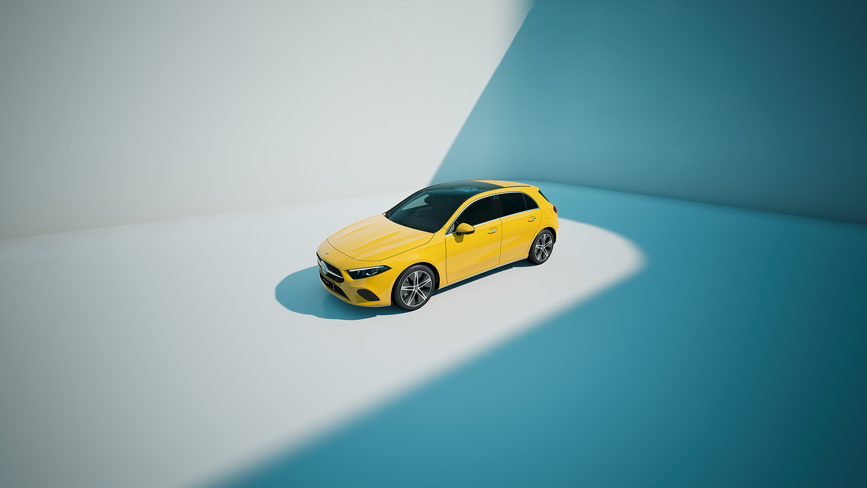 A-Klasse Kompaktlimousine in Lackierung Sonnengelb Uni Vogelperspektive