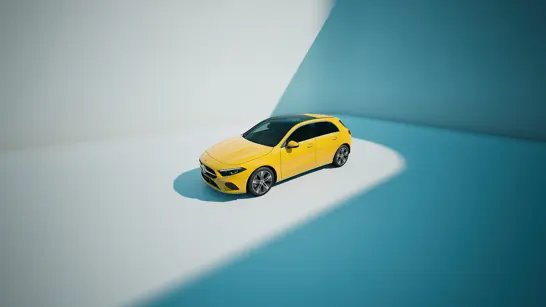 A-Klasse Kompaktlimousine in Lackierung Sonnengelb Uni Vogelperspektive A-Klasse Kompaktlimousine in Lackierung Sonnengelb Uni Vogelperspektive